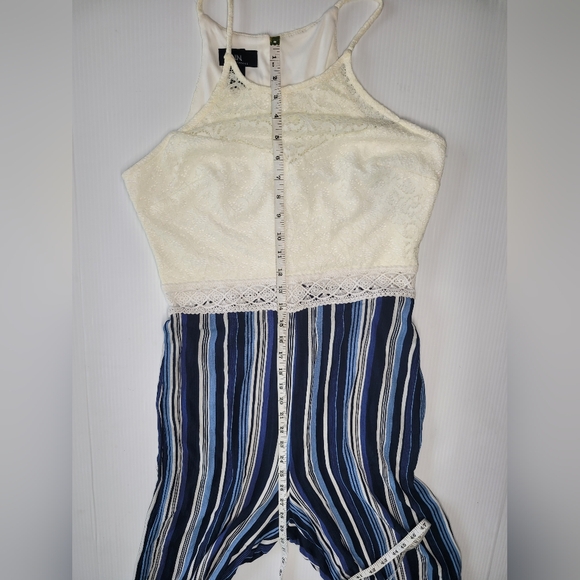 NWT I.N. Blue White Stripe Sleeveless Lace Bodice Wide Leg Jumpsuit, Sz 11 - Picture 12 of 15